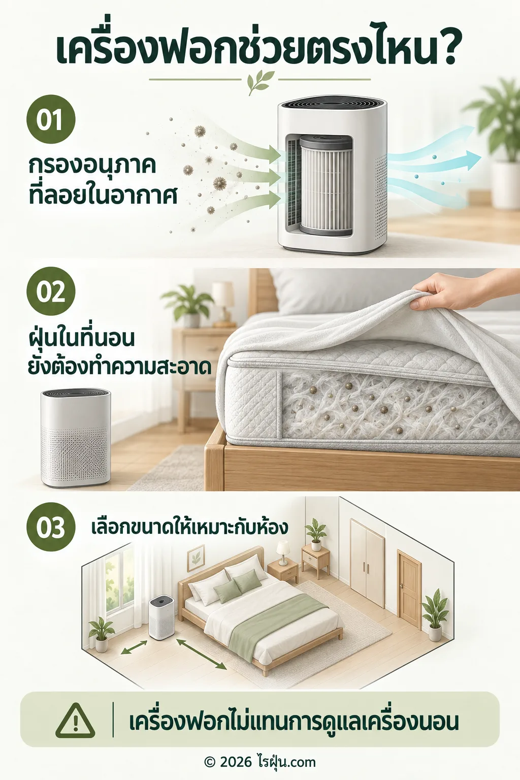 อินโฟกราฟิก เครื่องฟอกช่วยตรงไหน? — เครื่องฟอกกรองอนุภาคที่ลอยในอากาศ ควรเลือกขนาดให้เหมาะกับห้อง ส่วนฝุ่นในที่นอนยังต้องทำความสะอาด เครื่องฟอกจึงไม่แทนการดูแลเครื่องนอน
