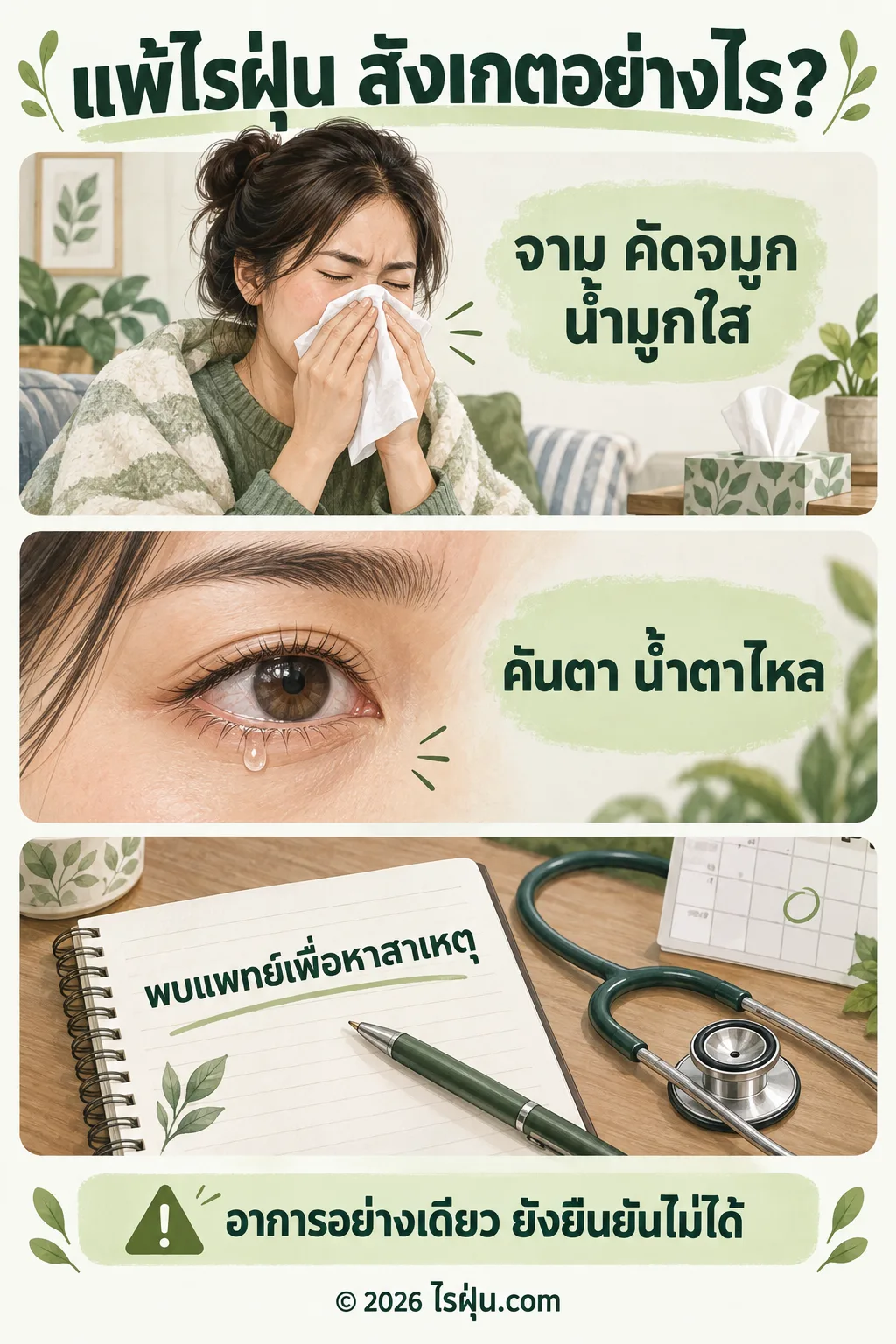 อินโฟกราฟิก แพ้ไรฝุ่น สังเกตอย่างไร? — จาม คัดจมูก น้ำมูกใส คันตา และน้ำตาไหล อาจพบในผู้ที่มีภูมิแพ้ ควรพบแพทย์เพื่อหาสาเหตุ เพราะอาการเพียงอย่างเดียวยังยืนยันการแพ้ไรฝุ่นไม่ได้