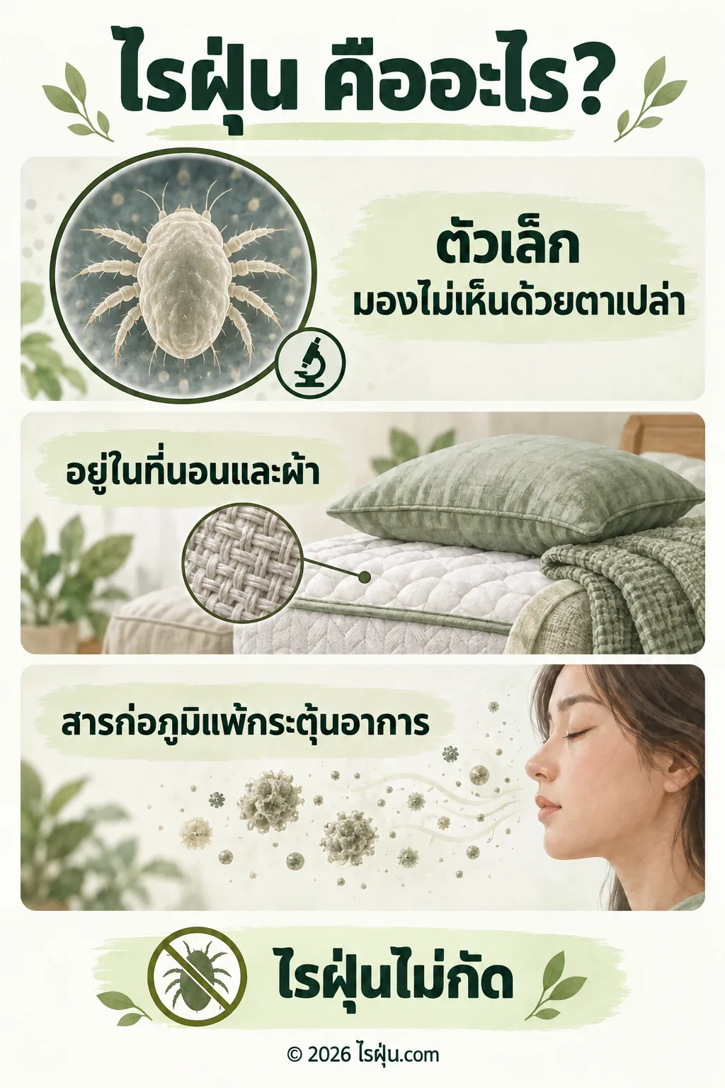 อินโฟกราฟิก ไรฝุ่น คืออะไร? — ตัวเล็กจนมองไม่เห็นด้วยตาเปล่า พบในที่นอนและผ้า สารก่อภูมิแพ้จากไรฝุ่นอาจกระตุ้นอาการในผู้ที่แพ้ แต่ไรฝุ่นบ้านไม่กัดคน