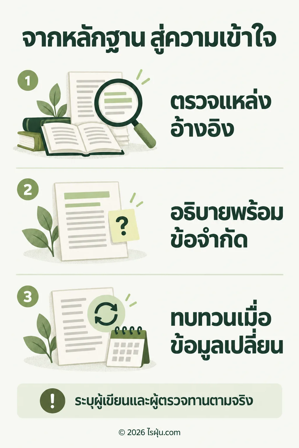 อินโฟกราฟิก จากหลักฐาน สู่ความเข้าใจ — ตรวจแหล่งอ้างอิง อธิบายพร้อมข้อจำกัด และทบทวนเมื่อข้อมูลเปลี่ยน ระบุผู้เขียนและผู้ตรวจทานตามจริง โดยเนื้อหาชุดปัจจุบันยังไม่ผ่านการตรวจทานโดยแพทย์