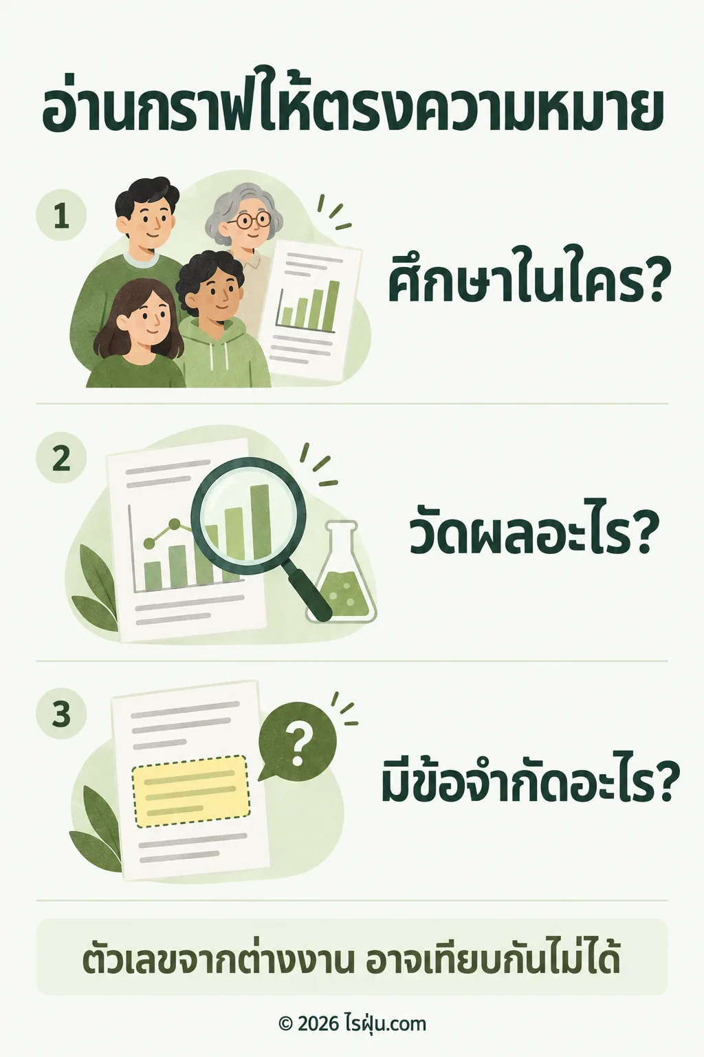 อินโฟกราฟิก อ่านกราฟให้ตรงความหมาย — ก่อนใช้ตัวเลข ให้ดูว่าศึกษาในใคร วัดผลอะไร และมีข้อจำกัดอะไร ตัวเลขจากต่างงานวิจัยอาจนำมาเทียบกันโดยตรงไม่ได้