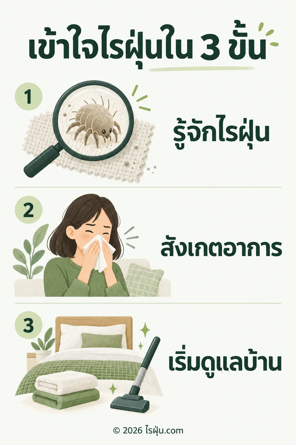 อินโฟกราฟิก เข้าใจไรฝุ่นใน 3 ขั้น — เริ่มจากรู้จักไรฝุ่น สังเกตอาการ แล้วเลือกวิธีดูแลบ้านและเครื่องนอนให้เหมาะกับการใช้งานจริง